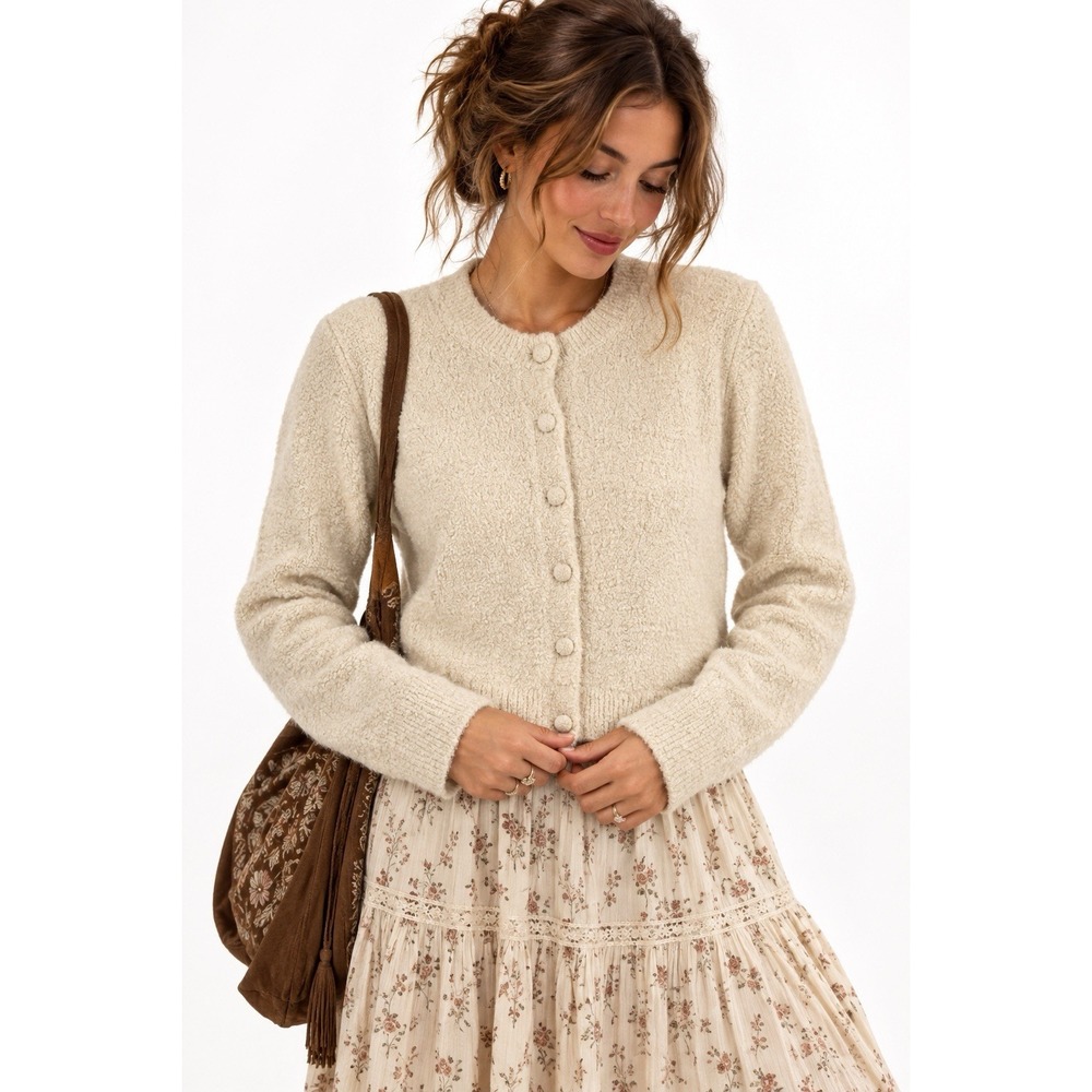 J.Crew Cotton Blend Bouclé Button Cardigan Sweater M Cream Boho Cottagecore Soft